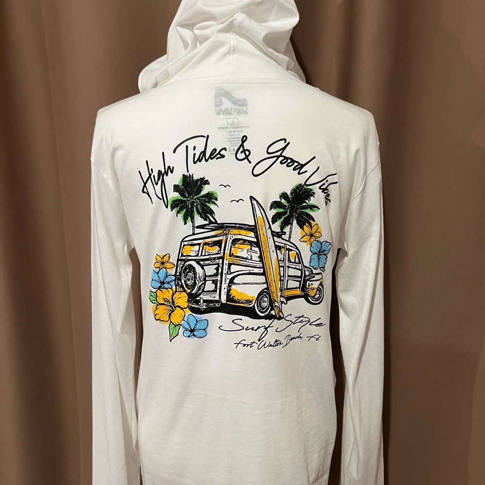 White Surf Style Hoodie — High Tides & Good Vibes Graphic-New Condition